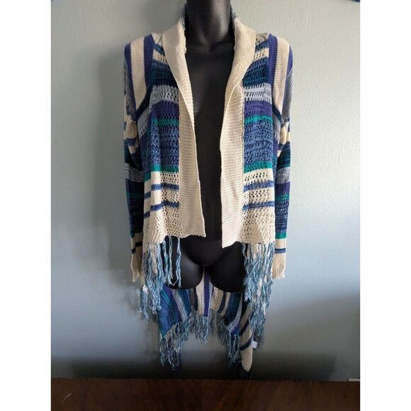 Fringe Knit Cardigan Sweater M Navy Green Blue Cream Open Front Long Line - Picture 2 of 6